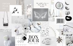 the collage is full of white and black items, such as flowers, trees, birds, hearts, candles, keys