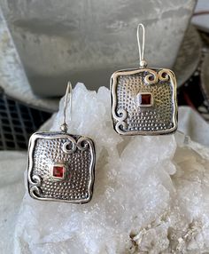 Bold Modernist Red Garnet Square Sterling Silver Vintage Earrings Red Sterling Silver Pierced Earrings, Red Sterling Silver Earrings For Pierced Ears, Elegant Handmade Red Earrings, Handmade Artisan Red Earrings, Nickel-free Ruby Earrings As A Gift, Elegant Ruby Earrings Nickel-free, Artisan Red Dangle Earrings, Silver Ruby Earrings As Gift, Elegant Ruby Earrings Nickel Free