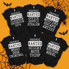 Get ready to spook-tacularly celebrate Halloween with our "Wanted" Teacher Halloween Group Shirts! These matching and personalized school shirts feature a humorous "Wanted" theme, perfect for adding a playful twist to your Halloween festivities. Comfortable and fun, they're ideal for creating a cohesive and spirited look for your entire teaching staff 🎉👔 ------------------------------------------------------------------------------------------------------ 1. MAKE SURE THAT YOU HAVE READ ALL PE Halloween Themed Short Sleeve Shirt, Themed Halloween Short Sleeve Shirt, Funny Halloween T-shirt With Screen Print, Customizable Black Halloween Top, Themed Short Sleeve T-shirt For Costume Party, Funny Pre-shrunk Shirt For Halloween, Pre-shrunk Themed Tops For Halloween, Black Novelty Top With Custom Print, Black Halloween T-shirt With Custom Print