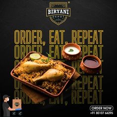 Order, Eat, Repeat biryani Biryani Motion Graphics, Biryani Creative Ads, Biryani Poster, Food Marketing, Restaurant Ad, Food Discount, Restaurant Social Media