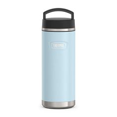 thermos stainless steel insulated food container with black lid and handle, light blue