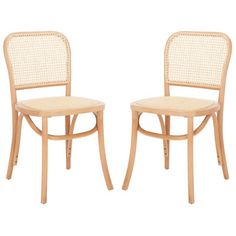 two wooden chairs sitting side by side on a white background, one with wicker back and the other without