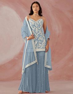 Light Blue Sharara style Suit Faux Georgette Light Blue Sharara, Sharara Style, Blue Sharara, Western Dress For Women, Georgette Sharara, Plazzo Suits, Diwali Dresses, Georgette Tops, Salwar Suits Online