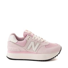 Womens New Balance 574+ Athletic Shoe - Mid-Century Pink / Pink Granite / Linen | Journeys Baby Pink Sneakers, Platform Running Shoes, Platform New Balance 574, New Balance Pink Shoes, Cute Preppy Shoes, Newbalance Outfits 574, Pink Hoka Shoes, New Balance Platform Sneakers, Pink New Balance Shoes Outfit