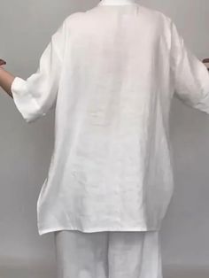 Women Plain Top and Pants Two-pieces Set White V-neck Tops With Pockets, Oversized White Solid Color Blouse, White Oversized Half Sleeve Blouse, White Oversized Half-sleeve Blouse, Oversized White Half Sleeve Blouse, White Half Sleeve Linen Tops, Plain Tops, Two Piece Sets, Two Pieces