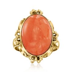 Ross-Simons - C. 1980 Vintage Coral Ring in 18kt Yellow Gold. Size 8. C. 1980. Expect miles of wear from this fabulous coral ring from our Estate collection! Features a gorgeous, glassy 18x13mm oval coral cabochon that casts a pretty, peach hue from inside a stylized setting of polished 18kt yellow gold. 7/8" wide. Coral ring. Exclusive, one-of-a-kind Estate Jewelry. Coral Ring, Color Themes, Estate Jewelry, Gold Color, Jewelry Rings, Fine Jewelry, Coral, Yellow Gold, Ring