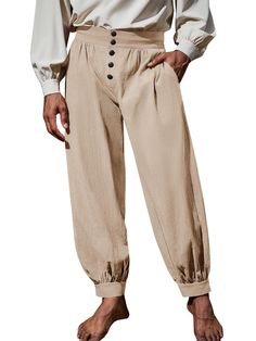 PRICES MAY VARY. Versatile Renaissance Pirate Costume Pants: These loose-fit, tapered leg pants feature an elastic waist and button closure, two side pockets. The crotch and legs are very loose,providing ease of movement and comfort for all-day wear during Halloween, cosplay shows, and stage performances. Soft and Lightweight Fabric: Made of pure cotton, these pirate pants offer breathability and a friendly feel to your skin, ensuring comfort during festival parades, club events, and Renaissance Pirate Costume Pants, Victorian Fashion Male, Colonial Halloween, Pirate Pants, Medieval Pirate, Costume Pants, Medieval Party, Pirate Accessories, Gothic Costume