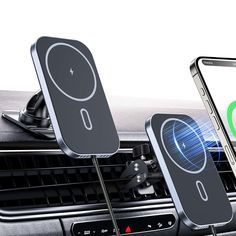 an air vent and phone holder attached to the dashboard of a car with two smartphones in it