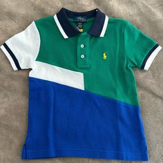 New With Tags Fitted Blue Color Block T-shirt, Playful Fitted Blue T-shirt, Green Polo Shirts, Ralph Lauren Green, Tie Front Cardigan, Ralph Lauren Boys, Ralph Lauren Polo Shirts, Lauren Green, Lauren White