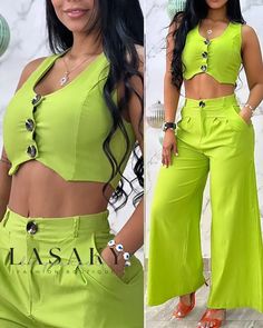 Lasaky - Asymmetrically Buttoned Top and Wide Leg Pants Set Solid Wide Leg Two-piece Bottoms, Solid Color Wide Leg Two-piece Bottoms, Solid Two-piece Wide Leg Bottoms, Stretch Wide-leg Two-piece Bottoms, Trendy Two-piece Solid Color Bottoms, Trendy High Waist Two-piece Bottoms, Trendy Solid Two-piece Bottoms, Solid Color Wide Leg Two-piece Pants, Solid Two-piece Wide Leg Pants