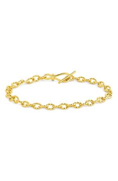 Add essential shine to any ensemble with this versatile textured chain bracelet. 7" length Toggle closure Goldtone plate or rhodium plate Imported Adjustable Formal Chain Bracelet With Clasp, Adjustable Chain Bracelet With Clasp For Formal Occasions, Elegant Chain Link Bracelet With Clasp, Adjustable Link Chain Bracelet With Clasp, Formal Adjustable Chain Bracelet With Lobster Clasp, Metal Chain Bracelet With Oval Link Clasp, Metal Oval Link Chain Bracelet With Clasp, Adjustable Oval Link Chain Bracelet With Toggle Clasp, Metal Oval Link Chain Bracelet