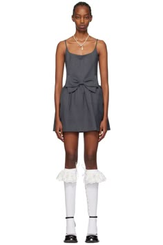 SHUSHU/TONG: Gray Bowtie Minidress | SSENSE Mini Dresses With Tie Fastening For Daywear, Mini Dress With Tie Fastening For Daywear, Tie Fastening Mini Dress For Daywear, Fitted Square Neck Suspender Dress For Evening, Formal Fitted Dress With Tie Straps, Elegant Fitted Suspender Dress With Square Neck, Elegant Fitted Square Neck Suspender Dress, Chic Dresses With Bow Straps And Square Neck, Fitted Dress With Adjustable Straps For Daywear