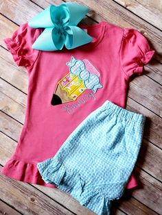 Back to School Shorts Outfit Pencil applique - Hot Pink Aqua and Yellow Pink Cotton School Sets, Cute Fitted Gingham Sets, Preppy School Sets For Spring, Fun Cotton Bottoms For School, Preppy Cotton School Sets, Cute Cotton School Bottoms, Cute Cotton Bottoms For School, Fitted Cute Cotton Sets, Cute Shorts For School In Spring