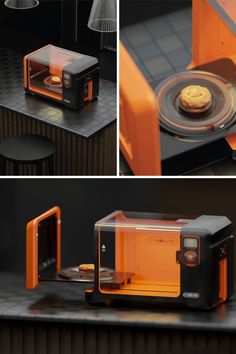 an orange microwave oven sitting on top of a counter next to a black and white table