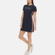 Tommy Hilfiger Women's Tee Dress Blue Authentic New Color: Blue Non Iron Regular Fit, Stretch 95% Cotton, 5% Elastane Embroidered Logo Knit Body Logo Tape Along Sides Flat Seams Soft Cotton Fabric Made In Vietnam Sizes: Medium Size Conversion: M=6-8 L=8-10 (Sizes Are Larger Than Other Brands) Body Length (In): M=36" L=36.5" Body Logo, Womens T Shirt Dress, Tommy Hilfiger Dress, Logo Knit, Tommy Hilfiger Dresses, Blue Tee, Distressed Black Jeans, Tommy Hilfiger Women, Polo Dress