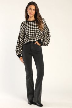 Cozy, Cute, and CovetedThis midweight houndstooth sweater features a wide scoop neckline that effortlessly drapes off the shoulder as it tops a cropped bodice. Long sleeves with dramatic drop shoulders create a snuggly, dolman-style effect before ending with fitted cuffs. Fit: This garment fits true to size. Length: Size medium measures 18.5" from shoulder to hem. Bust: Great for any cup size. Waist: Not Fitted - comfortable room throughout midsection. Undergarments: May be worn with any standar Casual Houndstooth Sweater For Fall, Casual Houndstooth Pattern Sweater For Fall, Black Houndstooth Sweater For Fall, Chic Houndstooth Winter Tops, Fall Houndstooth Sweater For Work, Fall Houndstooth Pattern Sweater For Workwear, Fall Houndstooth Pattern Sweater For Work, Houndstooth Pattern Top For Fall, Houndstooth Sweater