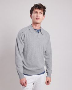 Men's wool and cashmere sweater with polo collar. Visible seams, long sleeves and open collar without buttons. Cashmere Sweater Men, Men's Sweater, Style Chic, Polo Collar, Cashmere Sweater, Cashmere Sweaters, Kids Accessories, Summer Collection, Casual Style