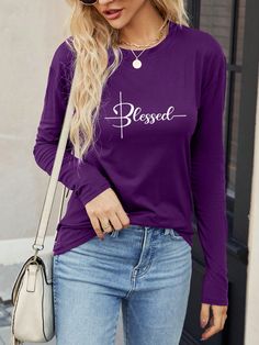 Text Pattern Round Neck Casual T-Shirt Graphic Tees Women Tops Purple Casual  Long Sleeve Fabric Heart,Letter  Slight Stretch  Women Clothing, size features are:Bust: ,Length: ,Sleeve Length: Purple Stretch Tops With Letter Print, Stretch Purple Tops With Letter Print, Trendy Long Sleeve T-shirt With Letter Print, Long Sleeve Text Print T-shirt For Spring, Spring Long Sleeve T-shirt With Text Print, Long Sleeve T-shirt With Text Print For Spring, Purple Long Sleeve Top With Graphic Print, Purple Crew Neck Top With Text Print, Purple Letter Print Top For Fall