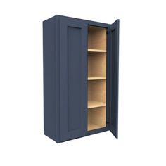 an open cabinet with shelves in it