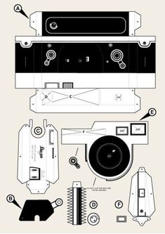 paper cut out of an electronic device and its parts are shown in black and white