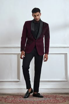 Designer Menswear Tuxedo For Men Color-Black  Colors can be customized as per clients needs as well FABRIC VELVET PATTERN EMBROIDERED  CARE DRY CLEAN ONLY ITEMS INCLUDED SHIRT, JACKET, PANTS, BOW SHOE NOT INCLUDED, ALTHOUGH CAN BE CUSTOMIZED IF THE CLIENT NEEDS (DROP US A MESSAGE IN CASE THERE IS ANY CONFUSION IN THE MEASUREMENTS) Indian Reception Suit For Men, Creative Tuxedo For Men, Wine Color Tuxedo For Men, Fancy Tuxedo For Men, Velvet Suit Design Men, Formal Embroidered Suit With Notch Lapel, Tailored Embroidered Tuxedo For Ceremony, Formal Embroidered Suits With Notch Lapel, Embroidered Notch Lapel Suit For Formal Occasions