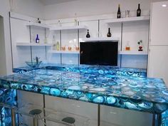 Blue Agate Kitchen & Bar Counter Slab, Illuminated Countertop Handmade Furniture Kitchen Bar Counter, Blue Agate Stone, Agate Table, Countertop Decor, Stone Dining Table, Marble Table Top, Dining Table Black, Kitchen Dining Tables, Dining Table Top