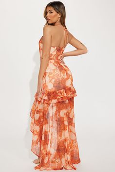 Available In Orange/combo. Chiffon Printed Maxi Dress Tie Halter High Neck Cut Out High Low Hem Ruffle Detail Smocked Back Back Zipper Half Lined No Stretch Disclaimer Print Placement May Vary Self: 100% Polyester Lining: 90% Polyester 10% Spandex Imported | Daisy High Low Maxi Dress in Orange size XS by Fashion Nova Search By Photo, High Low Maxi Dress, Mark Price, Print Placement, Printed Maxi, High Low Hem, Printed Maxi Dress, Smocking, High & Low