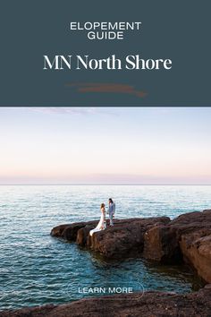 an image of a man and woman standing on rocks near the ocean with text that reads,