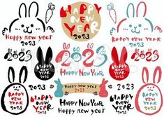 happy new year 2013 with rabbits and other symbols in red, blue, black and white