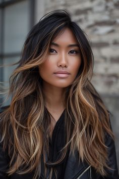 From Subtle to Bold: 19 Caramel Balayage Styles for Every Hair Type Shag Ombre Hair, Dark And Caramel Balayage, Brown Hair With Caramel Highlights Ombre, Carmel Brown Balayage Hair On Black Hair, Long Brunette Hair With Layers Balayage, Fall Hair Color For Brunettes Caramel Low Lights Dark Brown, Partial Highlights For Brunettes Caramel, Edgy Balayage, Brunette Balayage Hair Caramel