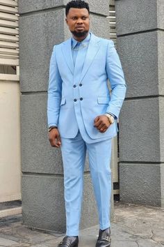 Fitted Single Button Blue Suit, Fitted Blue Single Button Suit, Light Blue Business Suit With Suit Collar, Fitted Blue Single-button Suit, Fitted Light Blue Single Breasted Suit, Light Blue Semi-formal Suit With Notch Lapel, Light Blue Slim Fit Business Suit, Fitted Light Blue Suit With Notch Lapel, Light Blue Fitted Suit With Notch Lapel