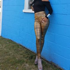 Metallic Gold High Waisted Leggings. Great Quality Beaded Leggings, High Waisted Leggings, Metallic Gold, Colorful Leggings, Pant Jumpsuit, Gold Metal, Pants For Women, High Waisted, Leggings