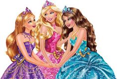 three barbie dolls standing next to each other wearing tiaras and dress - up dresses