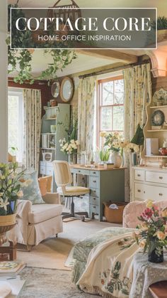 the cover of cottage core home office inspiration, with flowers in vases and chairs