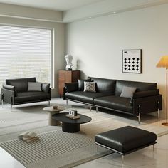 a modern living room with black leather furniture and white carpeted flooring, large windows in the background