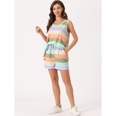 Elevate your loungewear with the Cheibear Women's Rainbow Stripe Tank Tops with Shorts Pajama Set. This delightful ensemble is crafted from a soft blend of 65% cotton and 35% polyester, ensuring both comfort and breathability. Its skin-friendly fabric is designed to keep you cool and comfortable throughout the night.

- Material: 65% Cotton, 35% Polyester
- Color: Brown with rainbow stripes
- Size: Large
- Gender: Female
- Features: Sleeveless top, shorts with pockets, moisture-wicking fabric

P Multicolor Relaxed Fit Pajama Shorts For Loungewear, Multicolor Spring Pajama Shorts For Loungewear, Multicolor Pajama Shorts For Spring Loungewear, Summer Leisure Sleepwear With Elastic Waistband, Casual Multicolor Sleepwear With Elastic Waistband, Multicolor Elastic Waistband Sleepwear For Lounging, Summer Sleepwear With Relaxed Fit, Summer Leisure Sleepwear With Relaxed Fit, Casual Summer Short Set For Lounging