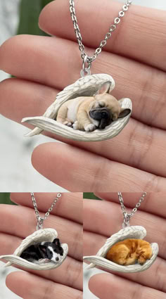 there are three pictures of two dogs in a necklace