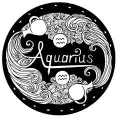 the word aquarius surrounded by doodles and swirls in a black circle on a white background