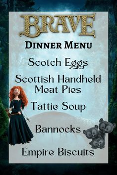 the menu for brave dinner with an image of a woman in black dress and bears