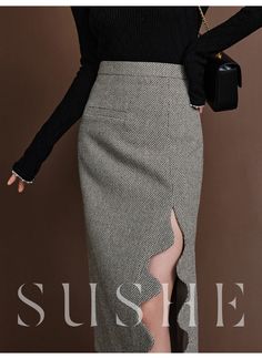 SUSHE Heavy Elegant Wave Slit Spring Skirt - monet vision – ORUMATORU Skirt Pants Outfit Classy, Skirt Style Ideas, Skirt Silhouettes, Unique Skirts Design, Illusion Color, Elegant Skirts, Skirts Winter, Structured Skirt, Winter Skirts