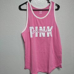 Nwt Pink Victoria's Secret Racerback Logo Tank Top White Lettering And Piping T1 Pink Letter Print Tank Top, Pink Racerback Tank Top For Loungewear, Casual Pink Racerback Top, Pink Racerback Top For Loungewear, Casual Pink Letter Print Tank Top, Casual Pink Tank Top With Letter Print, Casual Pink Racerback Tank Top, Tropical Tank Top, Pink Tube Top