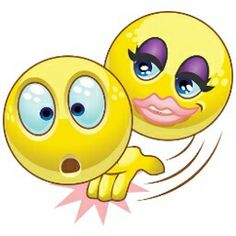 two yellow emoticions with blue eyes and purple hair