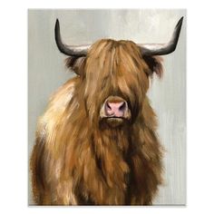 a painting of a brown bull with long horns