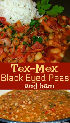 tex - mex black eyed peas and ham in a white bowl with red lettering