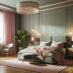 a bedroom with green walls and pink curtains