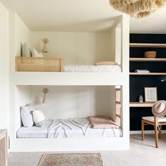 two bunk beds in a room with white walls and carpeted flooring, along with a rug on the floor