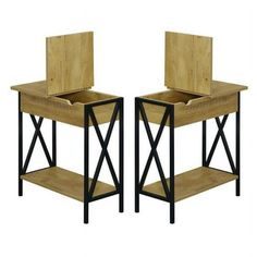 two wooden chairs sitting next to each other in front of a white background with black legs