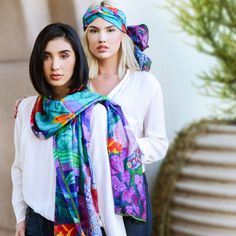 The bold colors of the scarf remind her of the vivacity of Mexico and her favorite artist, Frida. Happiness painted in colors, it carries her from summer to winter, perfect in every weather. 70% Cotton / 30% Silk Hand rolled edges 74" x 26" Multicolor Casual Scarves For Vacation, Casual Multicolor Scarves For Vacation, Casual Multicolor Silk Scarf For Fall, Casual Summer Festival Scarves, Bohemian Style Summer Scarves, Casual Multicolor Scarves, Blue Bohemian Silk Scarf For Spring, Bohemian Blue Silk Scarf For Spring, Silk Scarf For Beach In Spring