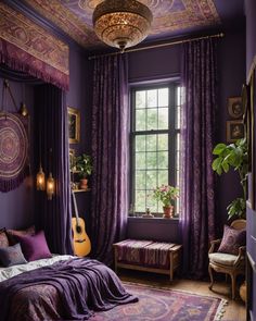 a bedroom with purple walls, curtains and a guitar on the bed in front of a window