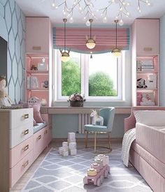 a child's bedroom with pink and blue decor